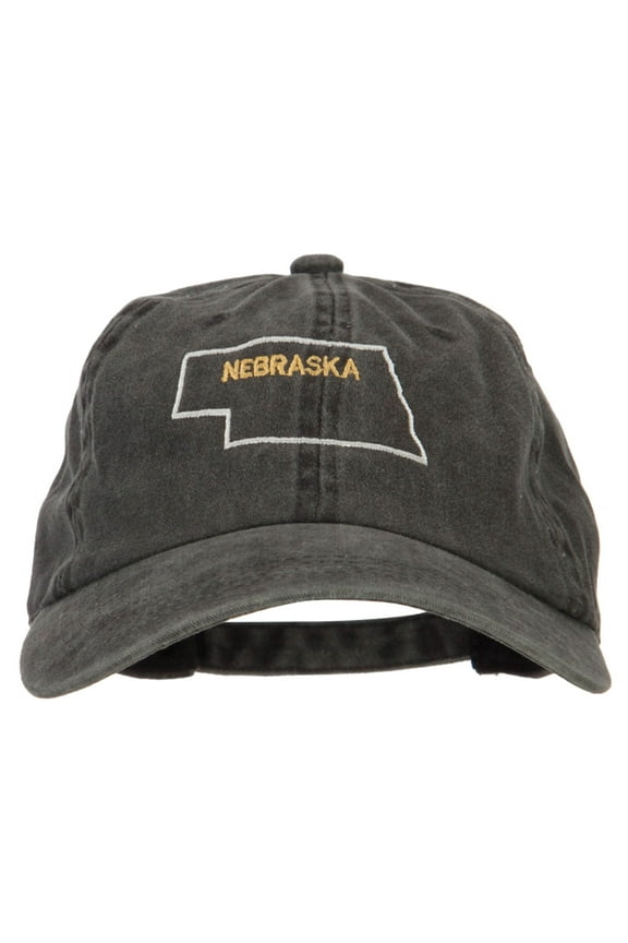 Nebraska with Map Outline Embroidered Washed Cotton Twill Cap - Black OSFM