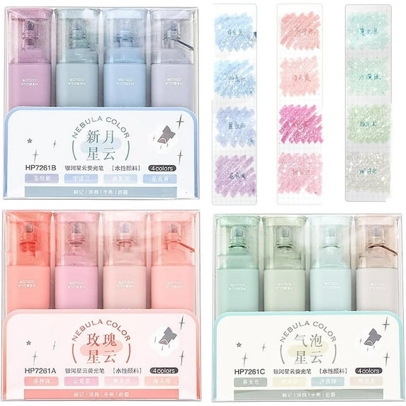 Nebula Color Glitter Highlighter,Line Width Smooth Glitter Highlighters Markers,Smudge Proof Smooth Pens, Color Multifunctional Flash Pen for DIY for Sparkling Note Taking Diary(3Set Mix)