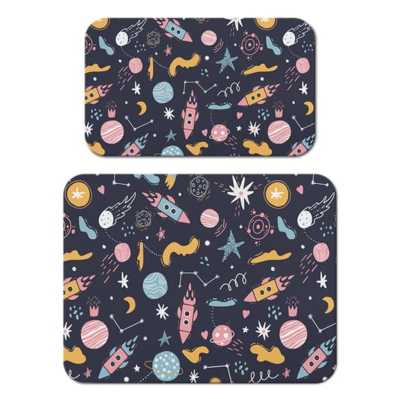 Nebula Cosmic and Rocket Dish Drying Mat, Spacecraft Star Moon Sun Absorbent Kitchen Mat