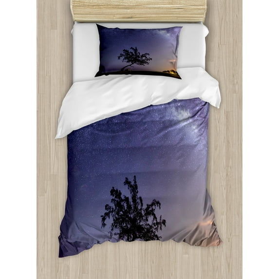 Nebula Duvet Cover Set, Tree and Milky Way Outer Space Galaxy Stars Theme Dreamy Modern Art Print, Decorative 2 Piece Bedding Set with 1 Pillow Shams, Twin Size, Purple Dark Green, by Ambesonne