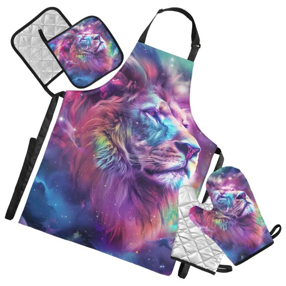 Nebula Lion Head 5 Pcs Kitchen Set Heat Resistant Oven Mitts and Non-Slip Pot Holders with Adjustable Cooking Apron