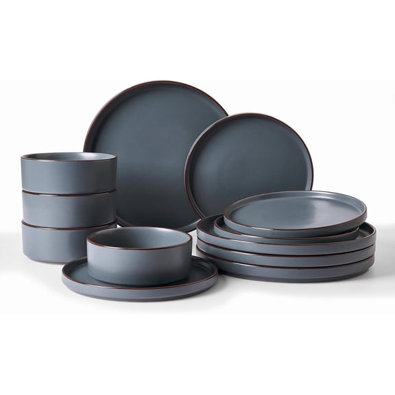 Nebula Ridge 12-Piece Stoneware Dinnerware Set, Charcoal | stoneware plates and bowls for 4, warm hand-painted rims, microwave and dishwasher safe