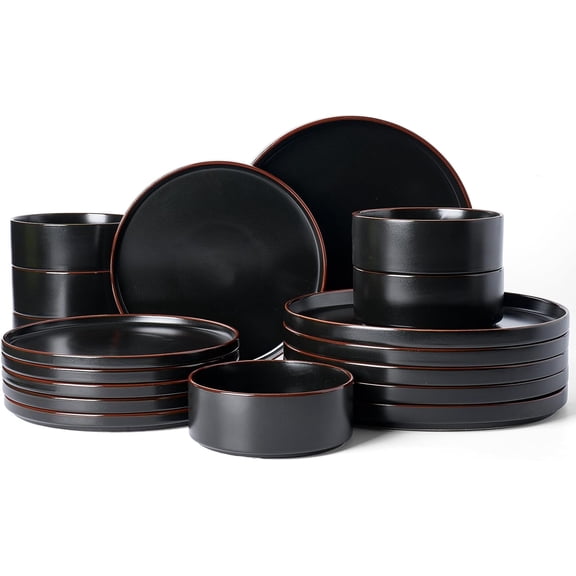 Nebula Ridge Stoneware Dinnerware Sets for 6, Plates and Bowls Sets, 18 Pieces Dishes Set, Microwave and Dishwasher Safe Kitchen Plates, Matte Black