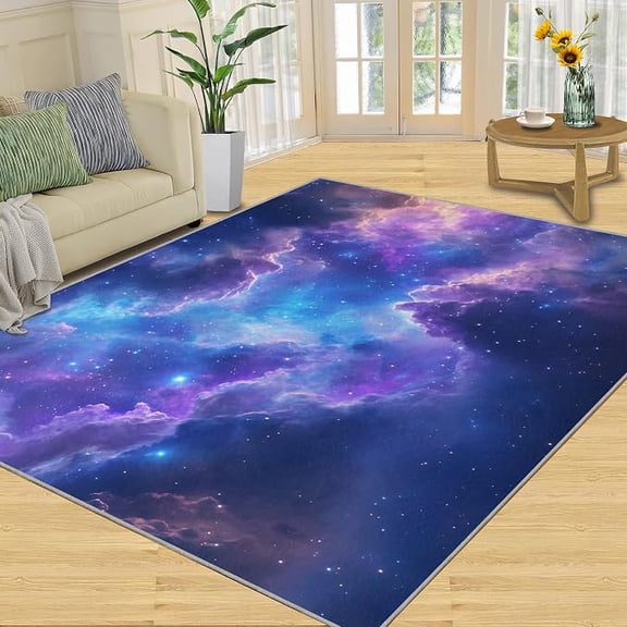 Nebula Rug for Living Room - Blue and Purple Galaxy Area Rug, Cosmic Starry Sky Washable Rugs Non Slip & Soft Small Carpet Door Mat 5 x 8ft