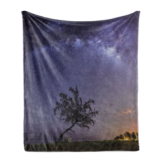 Nebula Soft Flannel Fleece Blanket, Tree and Milky Way Outer Space Galaxy Stars Theme Dreamy Modern Artwork Print, Cozy Plush for Indoor and Outdoor Use, 60" x 80", Purple Dark Green, by Ambesonne