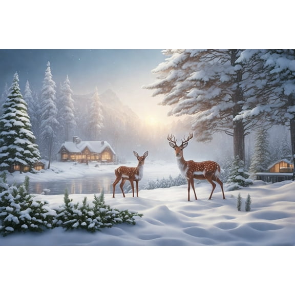 Nebula Voyager, Winter Wonderland Deer Postcard - Scenic Snowy Landscape, Tranquil Lake, Cozy House, Harmonic Boxed Holiday Cards (Christmas Cards, Greeting Cards)