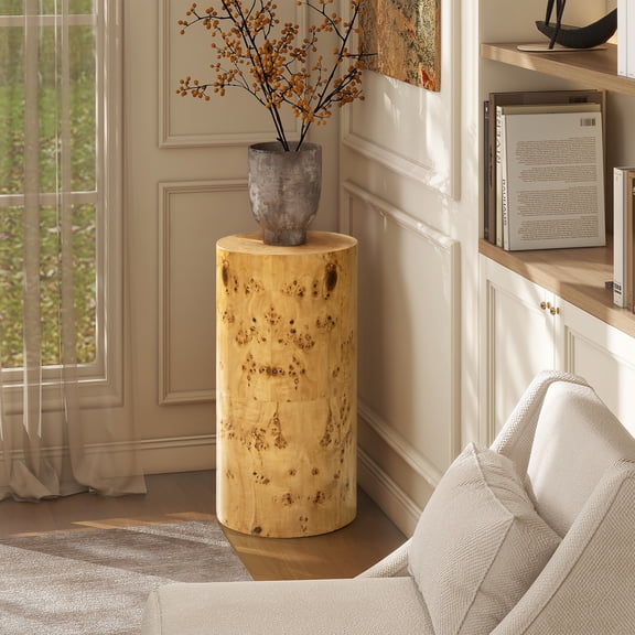Nebula Warm Natural Brown Burl Wood Accent Pillar Side Table with 29.5 Inch Height for Living Room