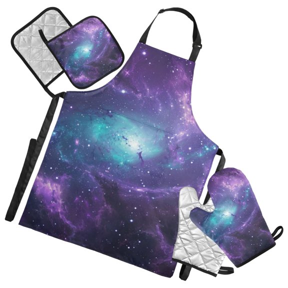 Nebula and Planet 5 Pcs Kitchen Set Heat Resistant Oven Mitts and Non-Slip Pot Holders with Adjustable Cooking Apron