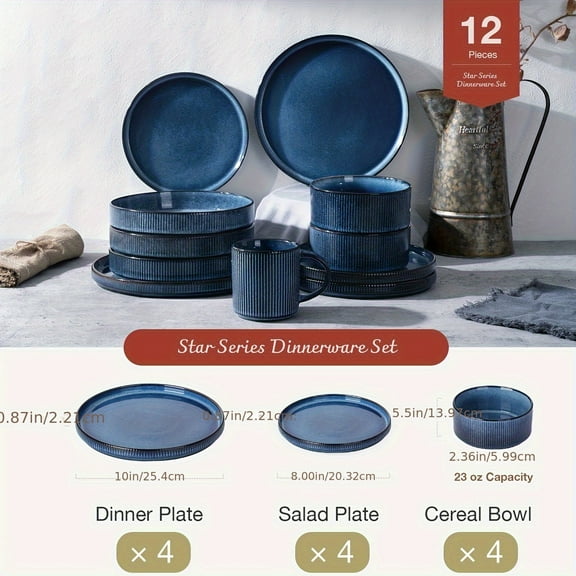 Nebulas Blue 12-Piece Stoneware Dinnerware Set, Ribbed Plates & Bowls for 4, Dishwasher & Microwave Safe, Holiday Dining for Christmas Thanksgiving Easter Halloween