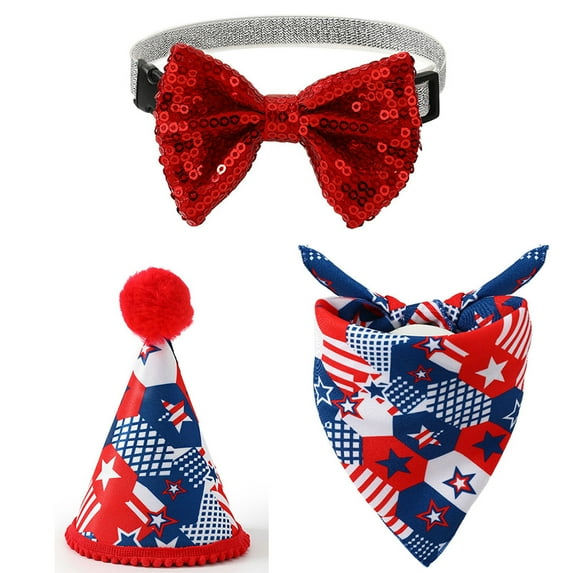 Nebwoak 4th of July Pet Costume Set with Hat, Sequined Bow Tie & Bandana - Patriotic Dog and Cat Outfit for Independence Day Celebrations, Red White Blue