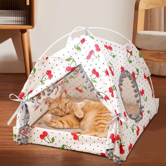 All Season Foldable Washable Semi Enclosed Yurt Pet Bed for Small Dogs Cats - 14.5x14.1in Polyester Tent Nest with Removable Mat