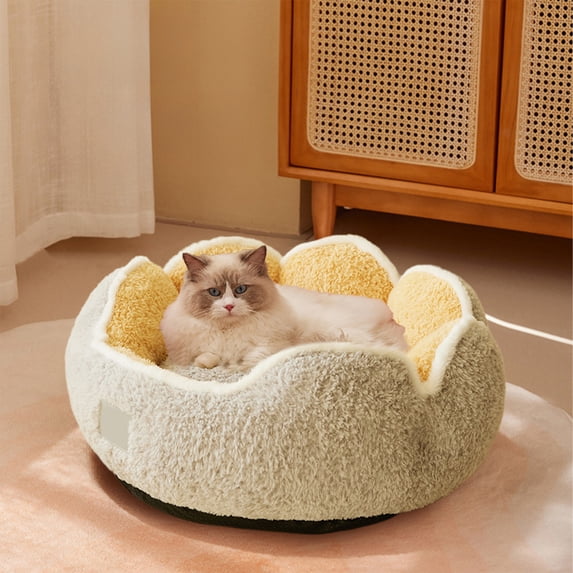 Cat Cave Bed, Enclosed Plush Donut Pet Bed for Cats and Small Dogs, Soft Faux Fur Warm Cuddler, Machine Washable Flower Design, 40 Inch Olive Green