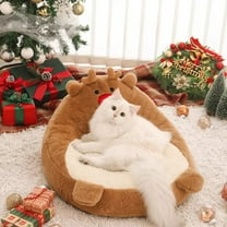 Nebwoak Christmas Reindeer Pet Bed - Winter Warm Semi-Enclosed, Washable Wool Bed with Non-Slip Base for Small Cats/Dogs, 17.72x17.72in