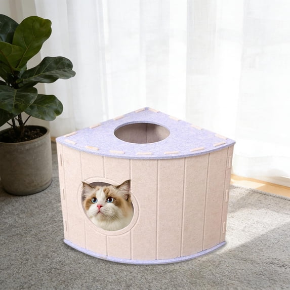 Nebwoak Enclosed Cat Bed, Large Felt Cat Cave for Multiple Cats, Corner Bed with Scratch-Resistant Soft Warm Hideout, Cream & Pink, Tool-Free Assembly