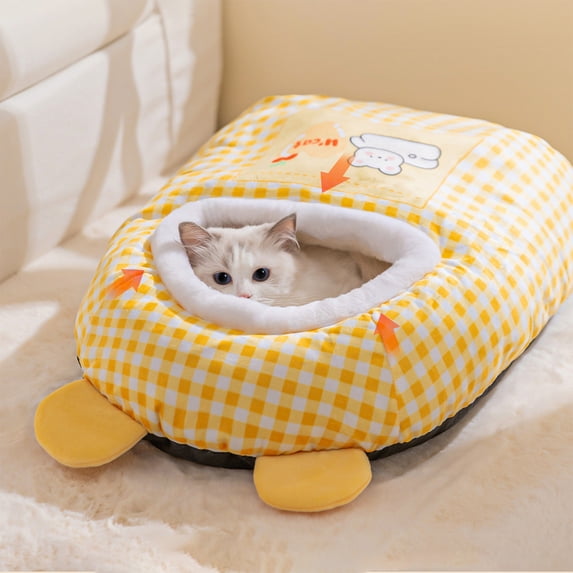 Nebwoak Enclosed Cat Bed for Winter - Self-Warming Plush Cave Pet Bed for Cats & Small Dogs, Foldable Soft Heated Cat Bed with Cushion, Grey Checkered Print, 21.65"