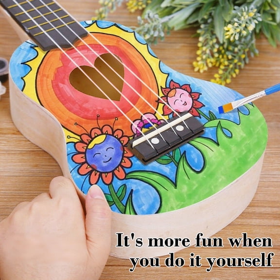 Nebwoak Ki-ds DIY Ukulele - Safe Nylon Strings, Tunable 4-String Mini Guitar, Painted Craft Kit for Kindergarten, Musical Toy Gift for Chi-ldren Ages 5+