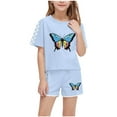 thumbnail image 1 of EWASWON Kids Girls Clothes on Clearance,Summer Butterfly Print Plaid Sleeve T-Shirt Tops and Elastic Shorts Pants Casual Outfits Set,Sky Blue,Size 9 T, 1 of 7