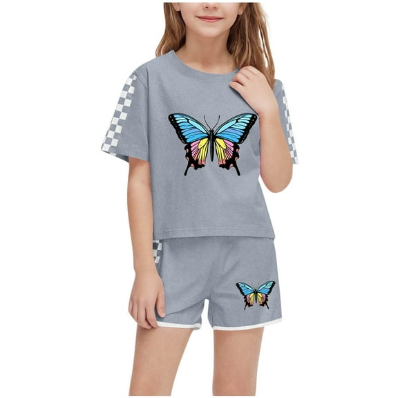 EWASWON Kids Girls Clothes on Clea-rance,Summer Butterfly Print Plaid Sleeve T-Shirt Tops and Elastic Shorts Pants Casual Outfits Set,Gray,Size 7 T
