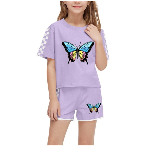 EWASWON Kids Girls Clothes on Clea-rance,Summer Butterfly Print Plaid Sleeve T-Shirt Tops and Elastic Shorts Pants Casual Outfits Set,Purple,Size 5 T