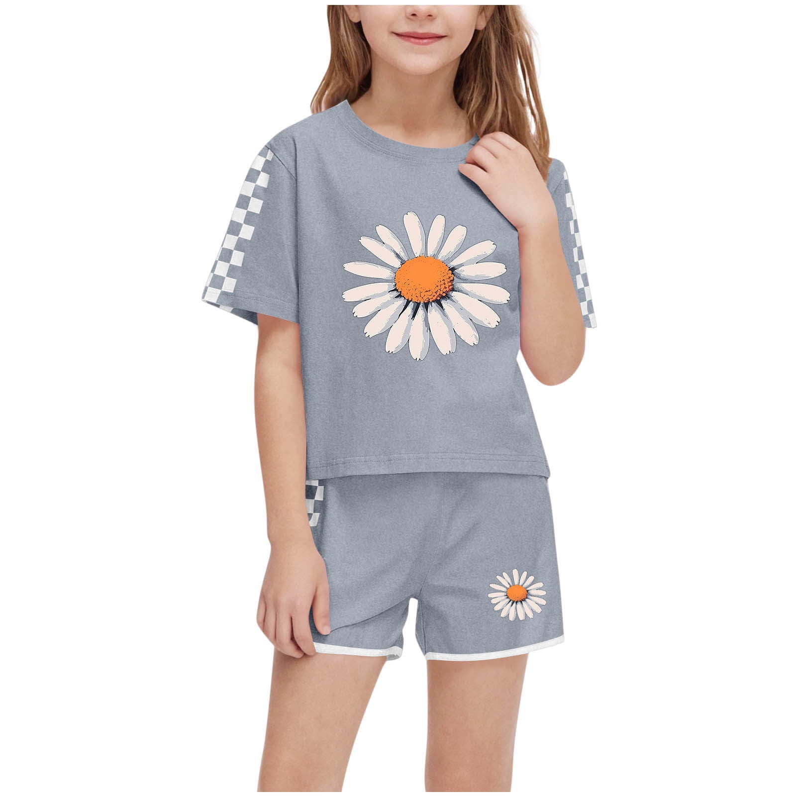 Kids Girls Clothes on Clearance,Summer Daisy Print Plaid Sleeve T-Shirt Tops and Elastic Shorts Pants Casual Outfits Set,Gray,Size 7 T