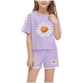 thumbnail image 1 of EWASWON Kids Girls Clothes on Clea-rance,Summer Daisy Print Plaid Sleeve T-Shirt Tops and Elastic Shorts Pants Casual Outfits Set,Purple,Size 13 T, 1 of 8