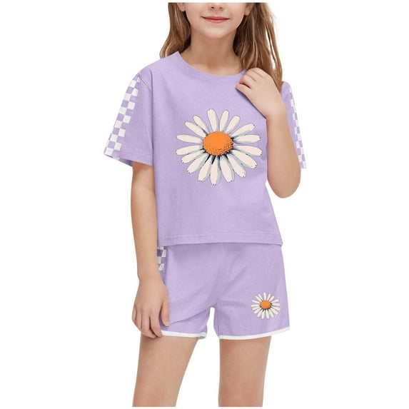EWASWON Kids Girls Clothes on Clea-rance,Summer Daisy Print Plaid Sleeve T-Shirt Tops and Elastic Shorts Pants Casual Outfits Set,Purple,Size 7 T