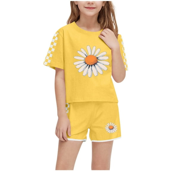 EWASWON Kids Girls Clothes on Clea-rance,Summer Daisy Print Plaid Sleeve T-Shirt Tops and Elastic Shorts Pants Casual Outfits Set,Yellow,Size 9 T