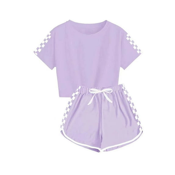 EWASWON Kids Girls Clothes on Clea-rance,Summer Graphic T-Shirt Tops and Elastic Shorts Pants Outfits for Girls,,Purple,Size 9 T