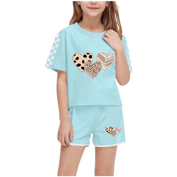 EWASWON Kids Girls Clothes on Clea-rance,Summer Heart Print Plaid Sleeve T-Shirt Tops and Elastic Shorts Pants Casual Outfits Set,Green,Size 5 T