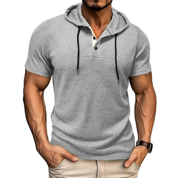 EWASWON Men's Casual Polo T-Shirt with Hoodie, Summer Breathable Short Sleeve Shirts for Daily Wear,Gray,Size L