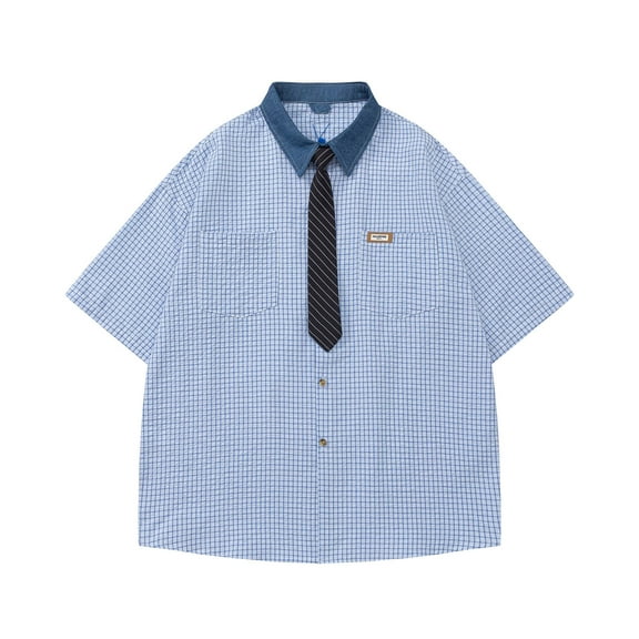 EWASWON Men's Casual Short Sleeve Graphic Cotton T-Shirt with Pocket, Retro Plaid Design, Relaxed Fit for Summer,Blue,Size M