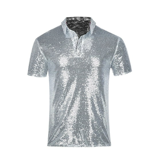 EWASWON Men's Glitter Party Polo Shirt - Full Body Sequin Design, Slim Fit Short Sleeve T-Shirts for Night Events & Stage Performances,Silver,Size 2XL