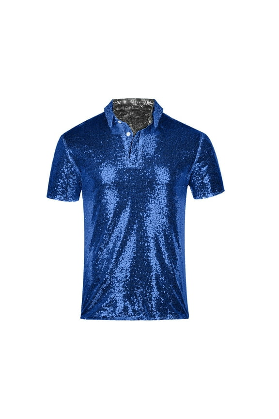 Men's Glitter Party Polo Shirt - Full Body Sequin Design, Slim Fit Short Sleeve T-Shirts for Night Events & Stage Performances,Navy,Size M
