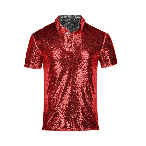 EWASWON Men's Glitter Party Polo Shirt - Full Body Sequin Design, Slim Fit Short Sleeve T-Shirts for Night Events & Stage Performances,Wine,Size XL