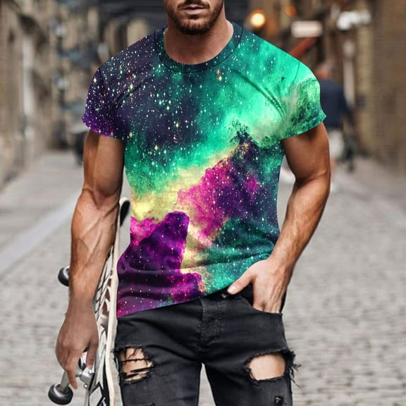 EWASWON Men's Graphic Short Sleeve T-Shirts Streetwear Crew Neck Casual Summer Tees, Slim Fit Polycotton Blend with Sci-Fi Space Print,Multicolor,Size XL