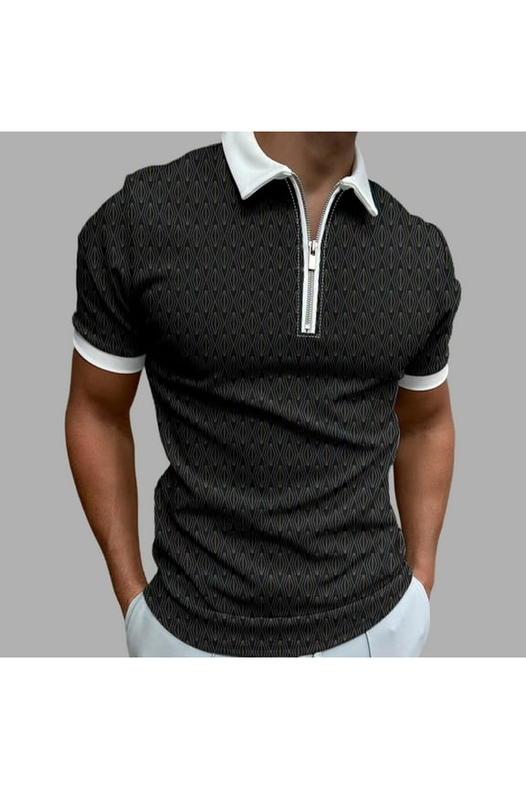 Men's Short Sleeve Graphic Polo Shirt, Slim Fit Zip-Up Collar, Breathable Cotton Blend for Summer Casual Wear,Black,Size S