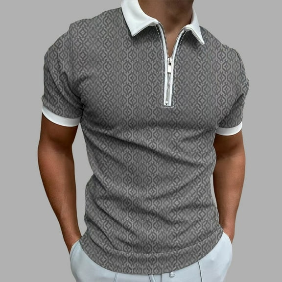 EWASWON Men's Short Sleeve Graphic Polo Shirt, Slim Fit Zip-Up Collar, Breathable Cotton Blend for Summer Casual Wear,Gray,Size L