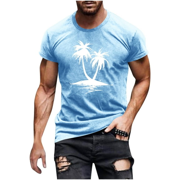 EWASWON Men's Slim Fit Graphic T-Shirt for Summer Casual & Beach Vacation - Soft Cotton Crew Neck Short Sleeve Tees,Light Blue,Size XL
