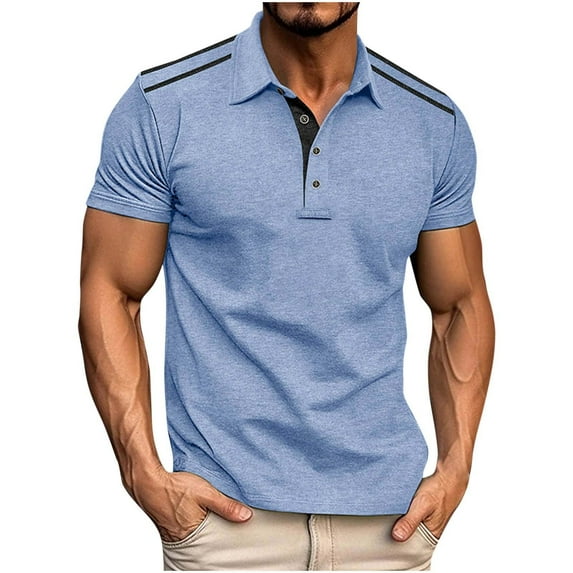 EWASWON Men's Slim Fit Polo T-Shirts, Short Sleeve Solid Color Casual Shirt for Summer,Light Blue,Size 2XL