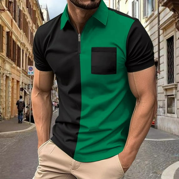 EWASWON Men's Slim Fit Short Sleeve Polo Shirts - Color Block Design with Chest Pocket, Summer Casual Stretch Fabric,Green,Size L