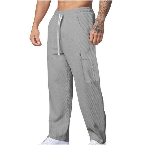 Nebwoak Mens Fleece Cargo Pants- Drawstring Casual Relaxed Fit Soft Straight Leg Pants Gray Size M