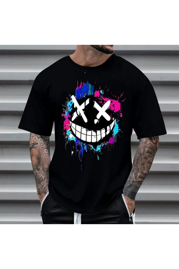Mens Graphic T Shirts- Fashion Summer Short Sleeve Casual Funny Shirts Black Size L