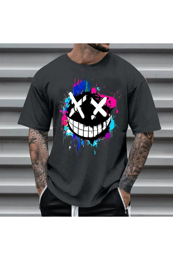 Mens Graphic T Shirts- Short Sleeve Summer Casual Fashion Funny Shirts Gray Size L