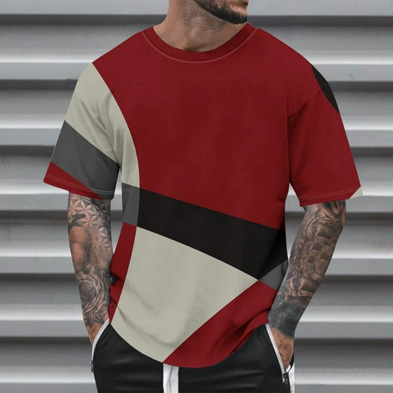 Nebwoak Mens Oversized T Shirts- Casual Summer Crewneck Fashion Short Sleeve Color Block Shirts Red Size 4XL