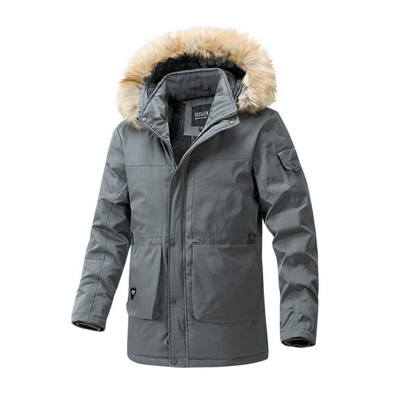 Nebwoak Mens Winter Coats with Faux Fur Hood- Heavyweight Full Zip Warm Parka Coat Casual Puffer Jacket Gray Size 2XL