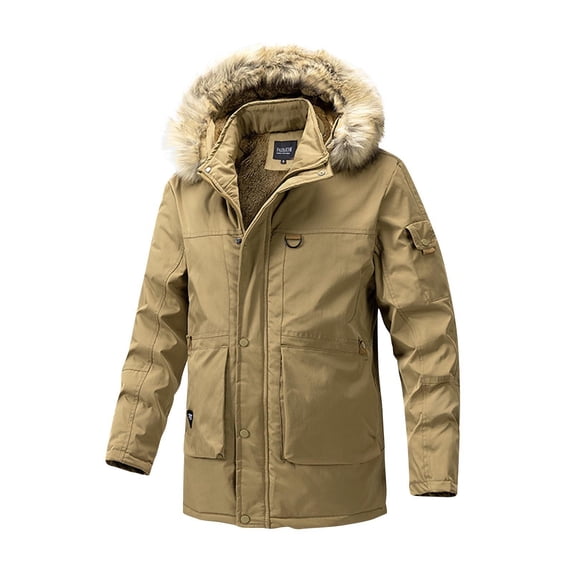 Nebwoak Mens Winter Coats with Faux Fur Hood- Warm Parka Coat Full Zip Casual Heavyweight Puffer Jacket Khaki Size 3XL