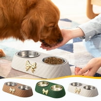 Nebwoak Pet Double Bowl Feeder & Waterer - Anti-Tip Base with Diamond Pattern, Gold Bowknot, Stainless Steel Bowls for Food/Water - Fits Small/Medium/Large Dogs & Cats