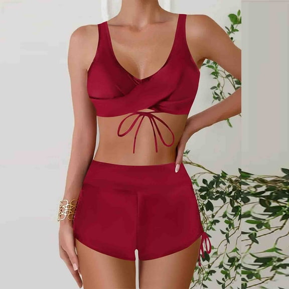 EWASWON Plus Size Women's Tassel Tie Bikini Set – Quick-Dry and Adjustable,Wine,Size M