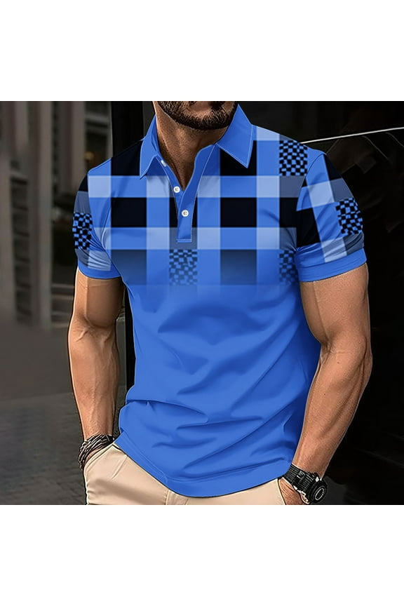 Product Name: Men's Royal Blue Polo Shirt Casual Short Sleeve Checkered Print T-Shirt, Breathable Cotton Blend, Summer Casual Wear,Blue,Size 4XL