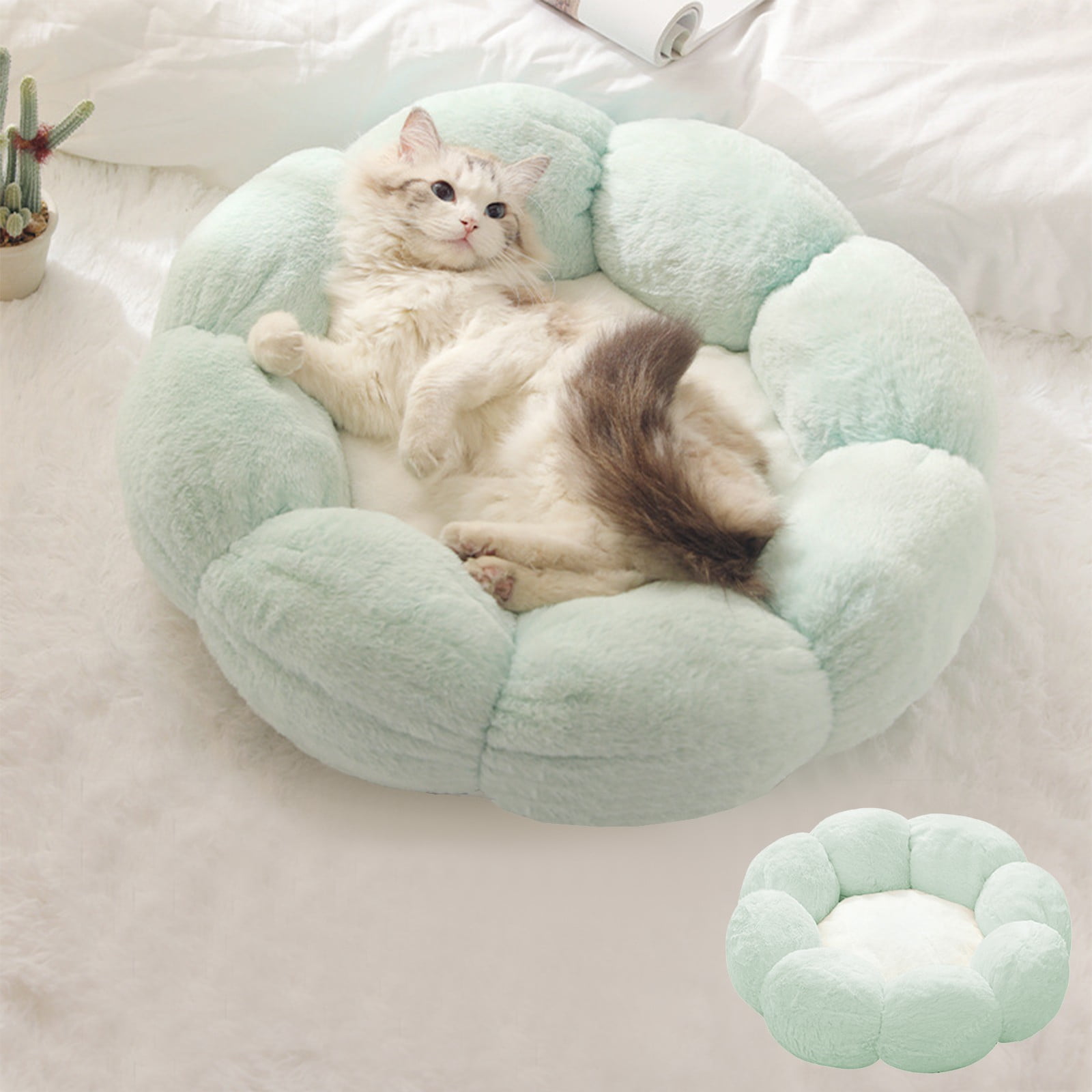 Nebwoak Round Cat Bed Warm Rounded Petals Calming Dog Cats Bed Cuddler Warming Cozy Soft Bed Faux Furs Cushion Bed for Small Medium Dogs and Cats